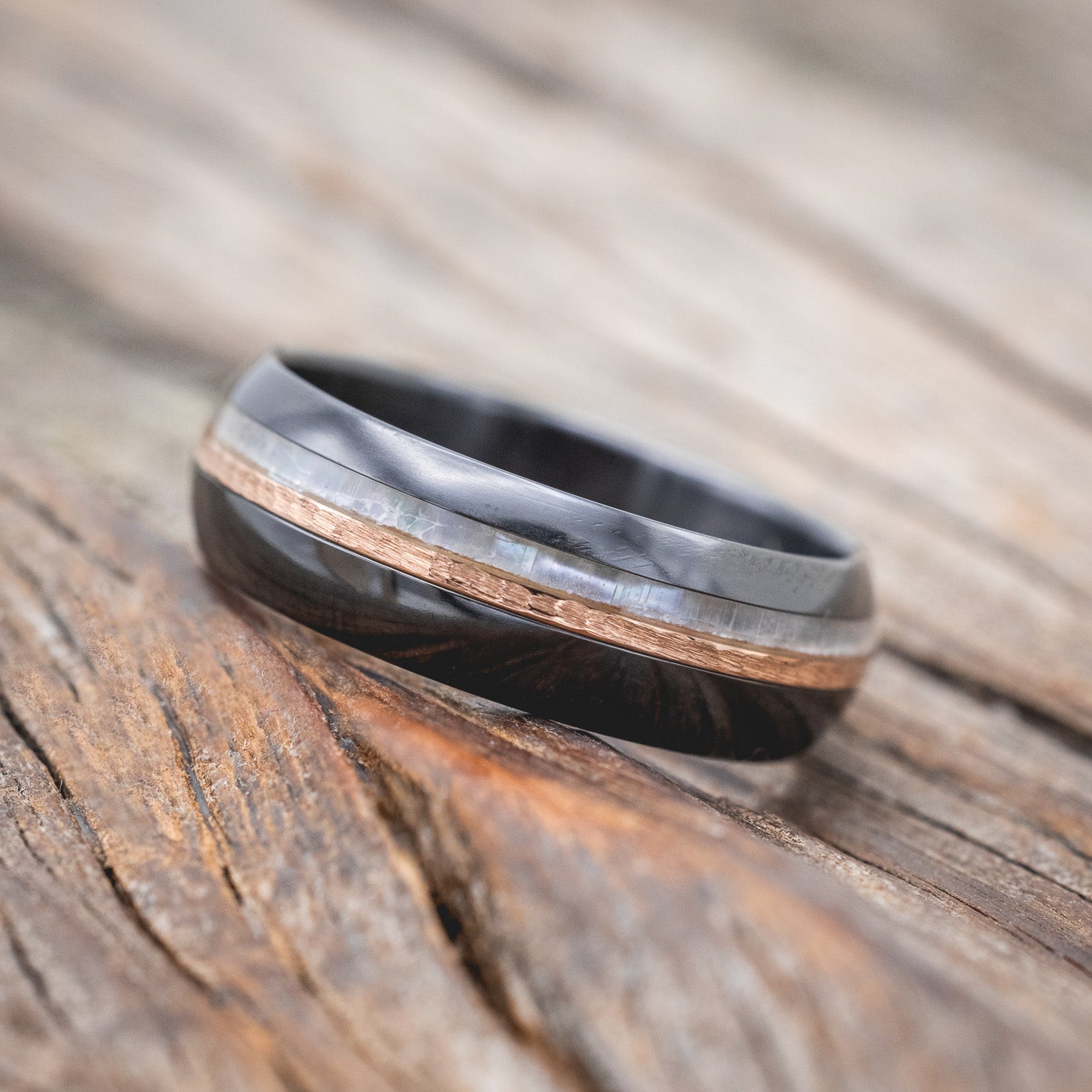 "CASTOR" - DOMED WEDDING BAND WITH MOTHER OF PEARL & A HAMMERED 14K GOLD INLAY-Staghead Designs