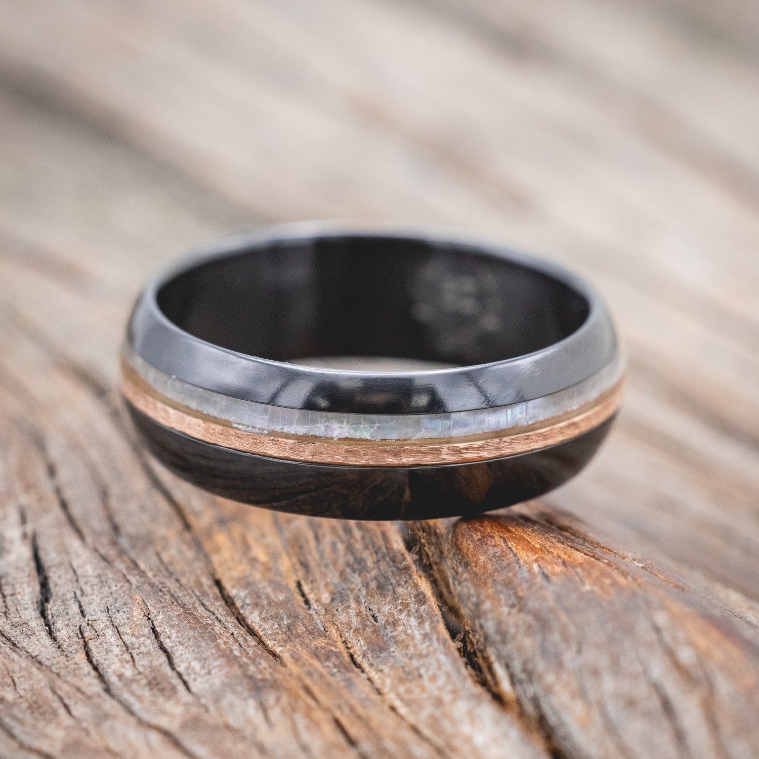 "CASTOR" - DOMED WEDDING BAND WITH MOTHER OF PEARL & A HAMMERED 14K GOLD INLAY-Staghead Designs