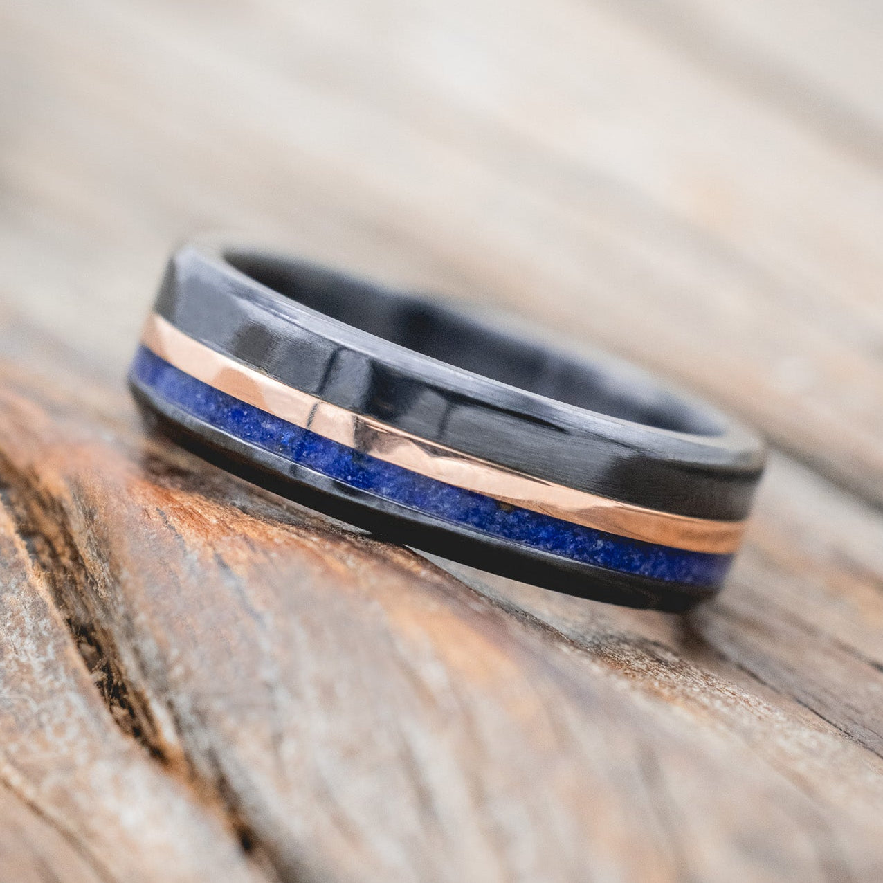 "CASTOR" - LAPIS LAZULI & A 14K GOLD INLAY WEDDING RING-Staghead Designs