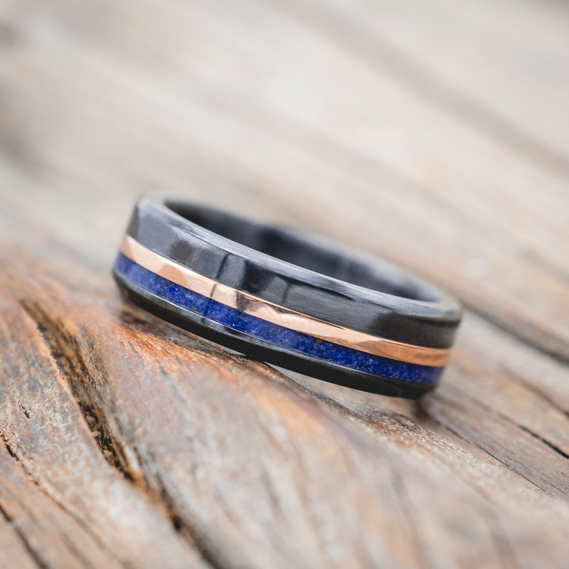 "CASTOR" - LAPIS LAZULI & A 14K GOLD INLAY WEDDING RING-Staghead Designs