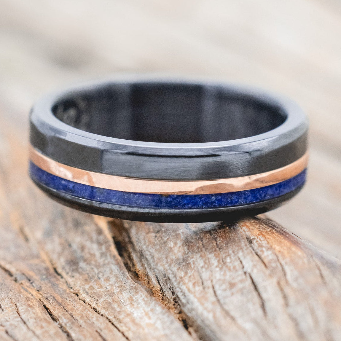 "CASTOR" - LAPIS LAZULI & A 14K GOLD INLAY WEDDING RING-Staghead Designs