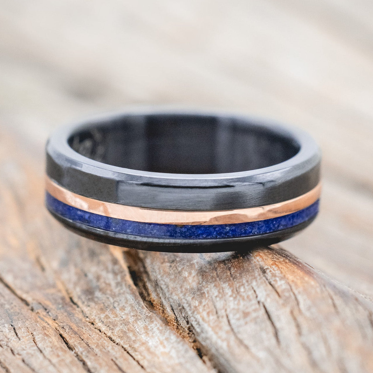 "CASTOR" - LAPIS LAZULI & A 14K GOLD INLAY WEDDING RING-Staghead Designs