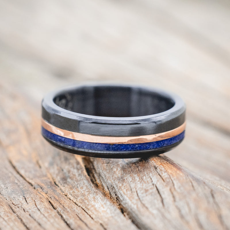 "CASTOR" - LAPIS LAZULI & A 14K GOLD INLAY WEDDING RING-Staghead Designs