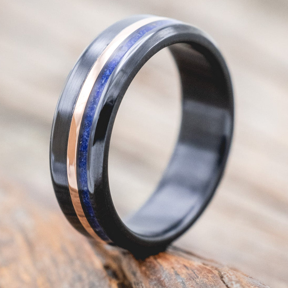 "CASTOR" - LAPIS LAZULI & A 14K GOLD INLAY WEDDING RING-Staghead Designs