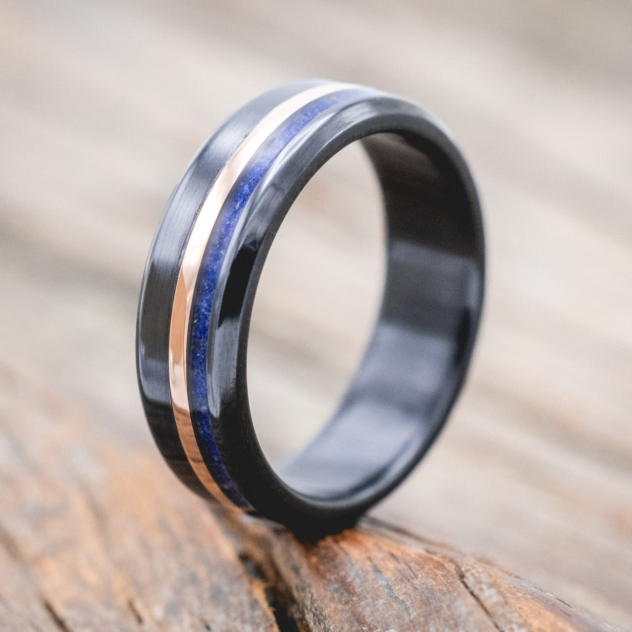 "CASTOR" - LAPIS LAZULI & A 14K GOLD INLAY WEDDING RING-Staghead Designs