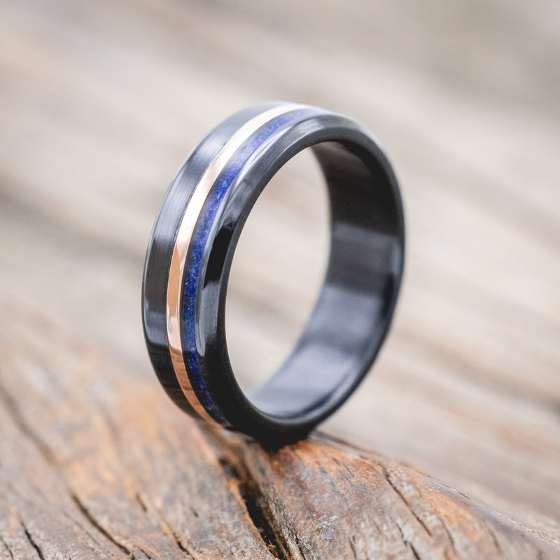 "CASTOR" - LAPIS LAZULI & A 14K GOLD INLAY WEDDING RING-Staghead Designs