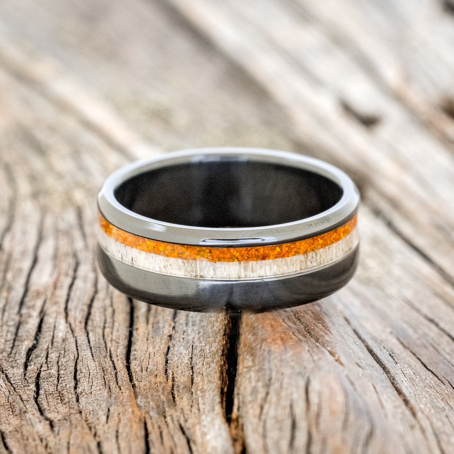 "CASTOR" - ELK ANTLER & ORANGE OPAL WEDDING RING-6