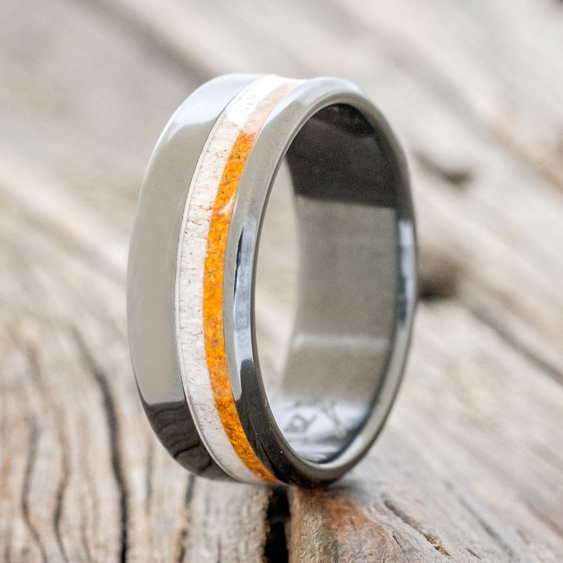 "CASTOR" - ELK ANTLER & ORANGE OPAL WEDDING RING-4