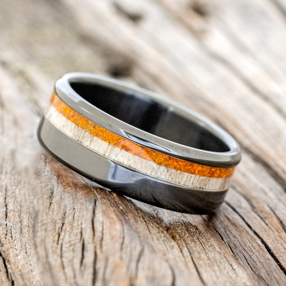 "CASTOR" - ELK ANTLER & ORANGE OPAL WEDDING RING-5
