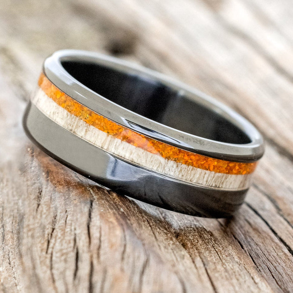 "CASTOR" - ELK ANTLER & ORANGE OPAL WEDDING RING-5