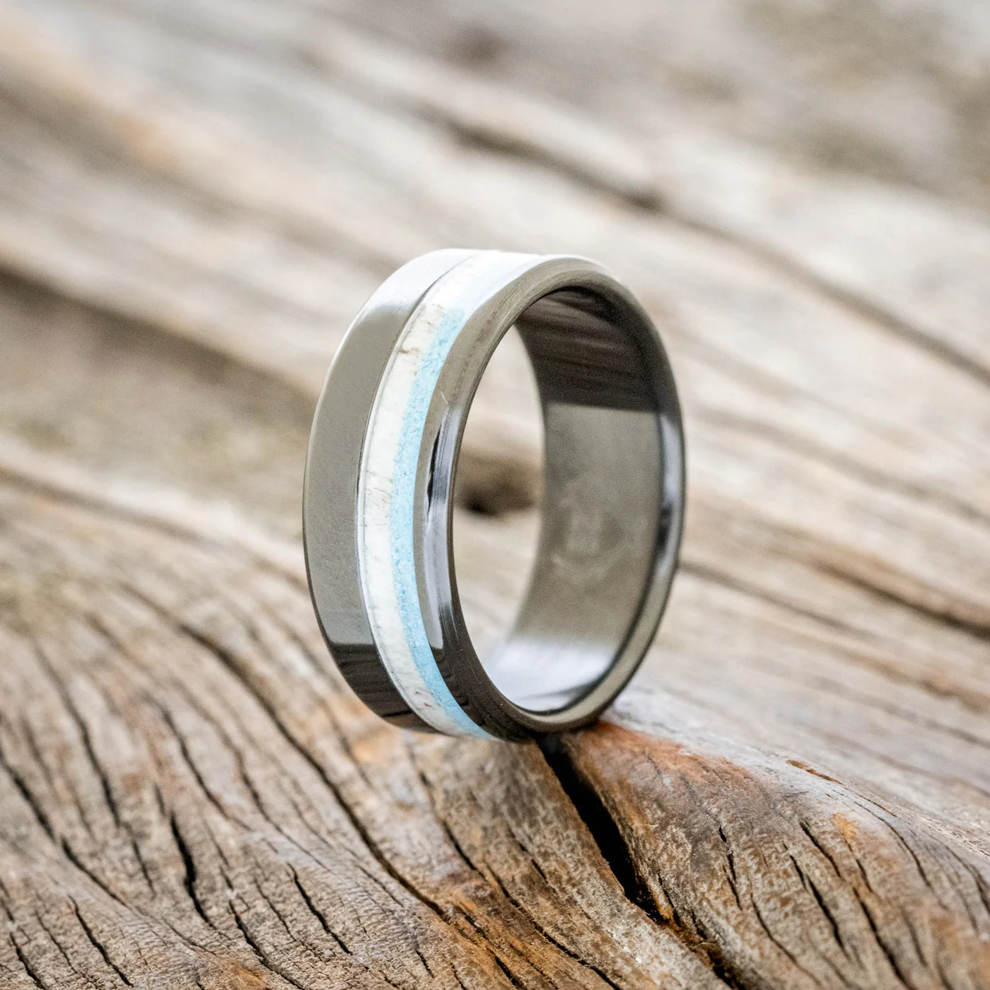 "CASTOR" - ELK ANTLER & TURQUOISE WEDDING BAND - BLACK ZIRCONIUM - SIZE 9 1/2-Staghead Designs