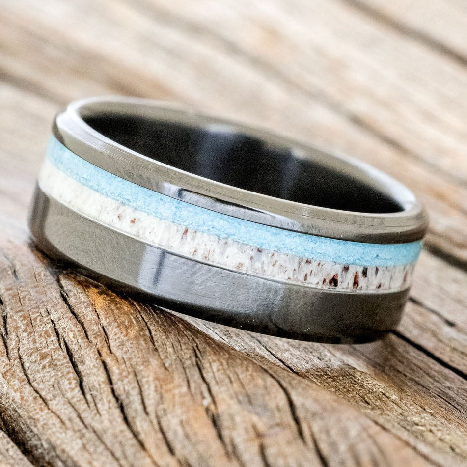 "CASTOR" - ELK ANTLER & TURQUOISE WEDDING BAND-5