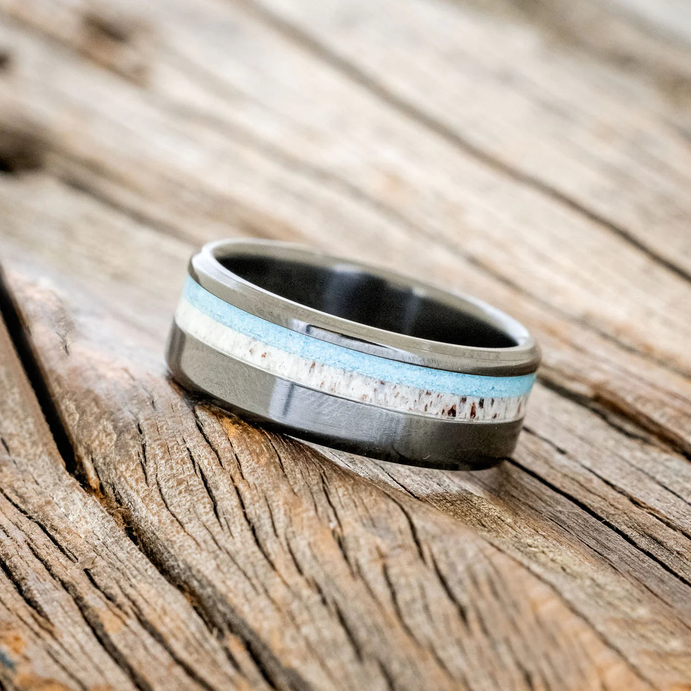 "CASTOR" - ELK ANTLER & TURQUOISE WEDDING BAND - BLACK ZIRCONIUM - SIZE 9 1/2-Staghead Designs