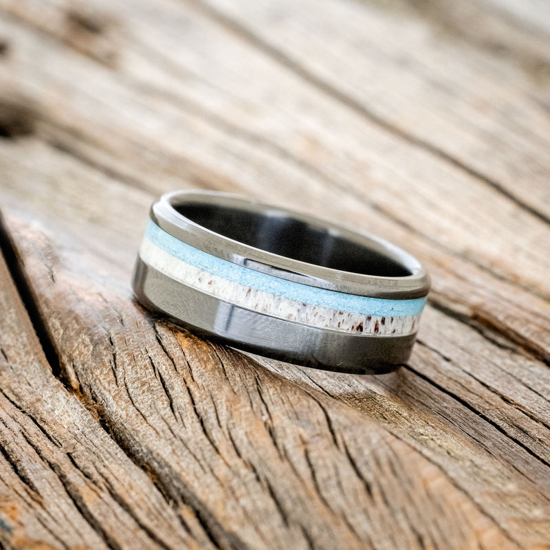 Castor - Antler & Turquoise Wedding Band - by Staghead Designs - Titanium - Men's