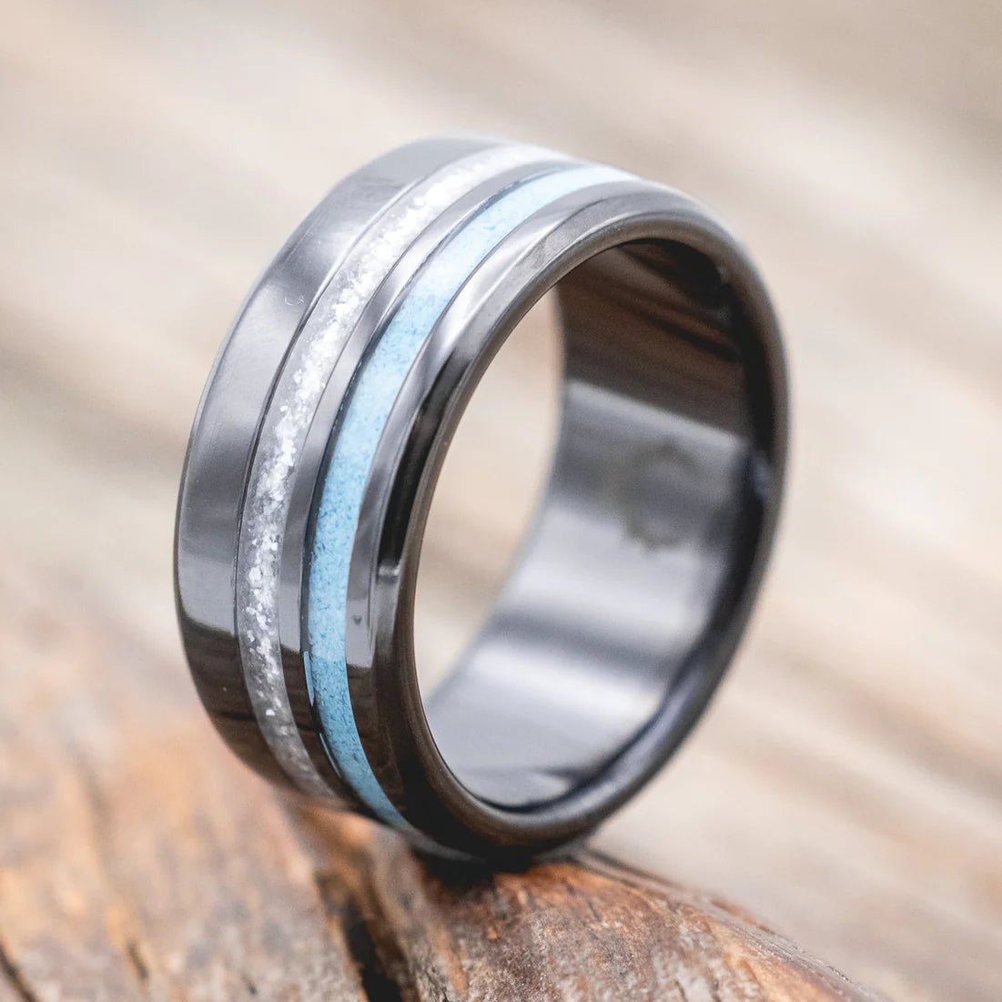 "COSMO" - DIAMOND DUST & TURQUOISE WEDDING BAND - BLACK ZIRCONIUM - SIZE 4 1/4-Staghead Designs