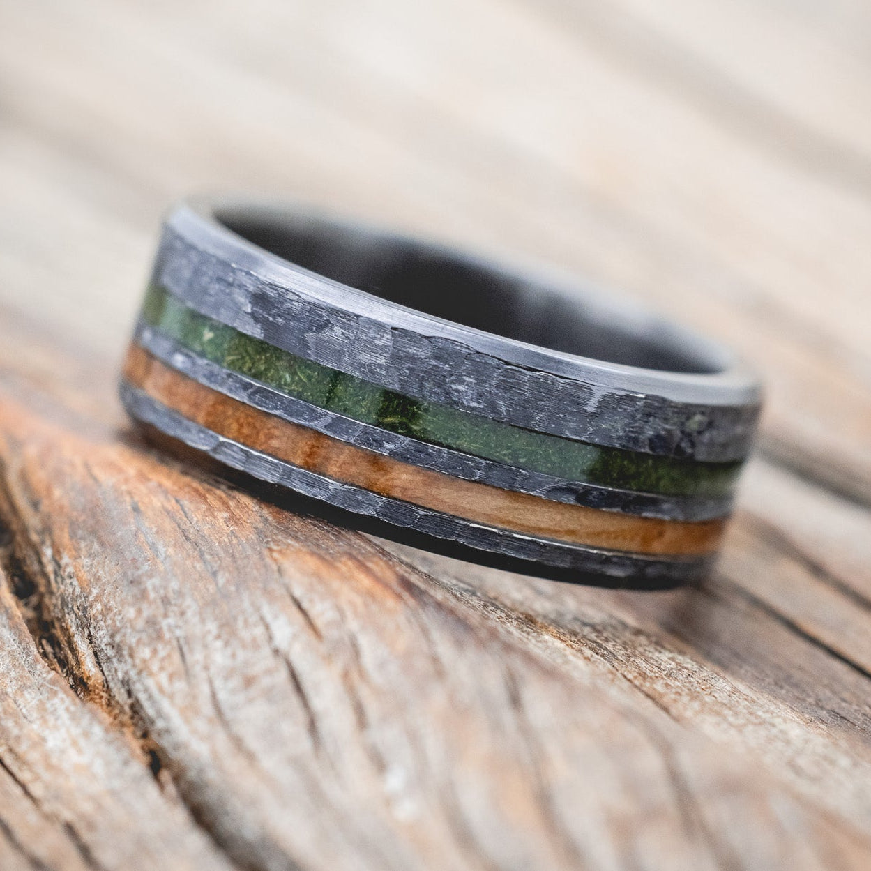 "COSMO" - WHISKEY BARREL OAK & MOSS WEDDING RING FEATURING A HAMMERED FINISH-Staghead Designs