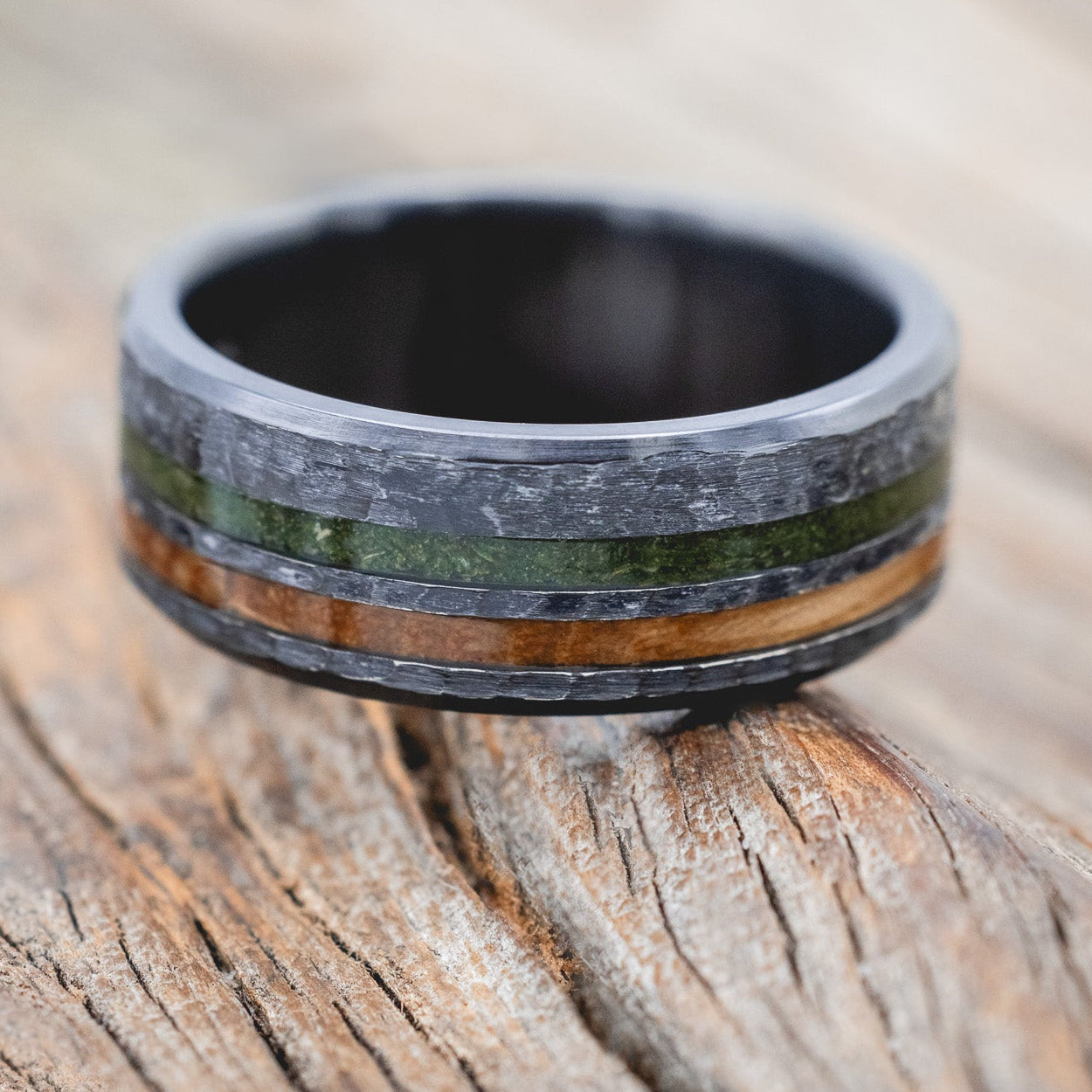 "COSMO" - WHISKEY BARREL OAK & MOSS WEDDING RING FEATURING A HAMMERED FINISH-Staghead Designs