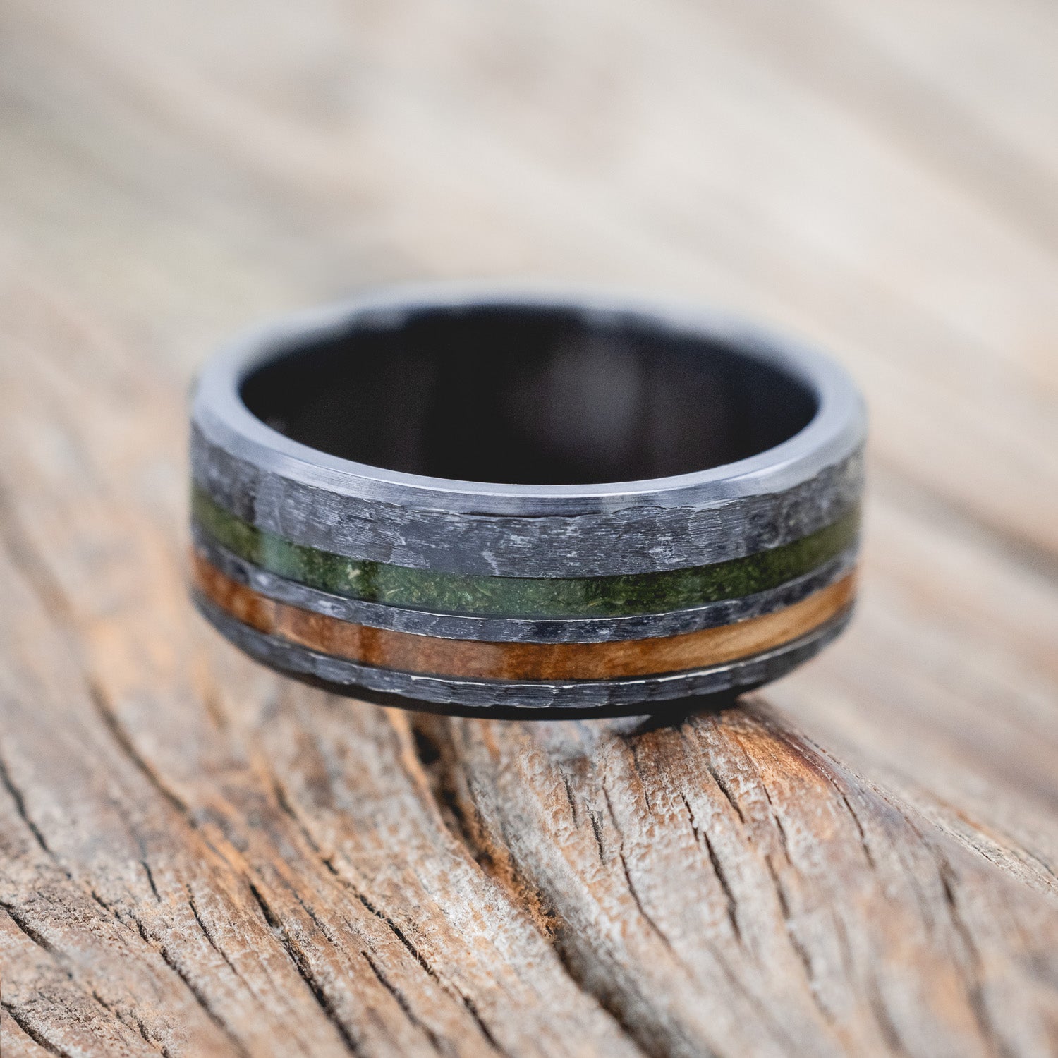"COSMO" - WHISKEY BARREL OAK & MOSS WEDDING RING FEATURING A HAMMERED FINISH-Staghead Designs