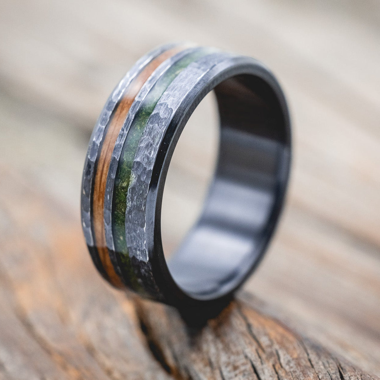"COSMO" - WHISKEY BARREL OAK & MOSS WEDDING RING FEATURING A HAMMERED FINISH-Staghead Designs