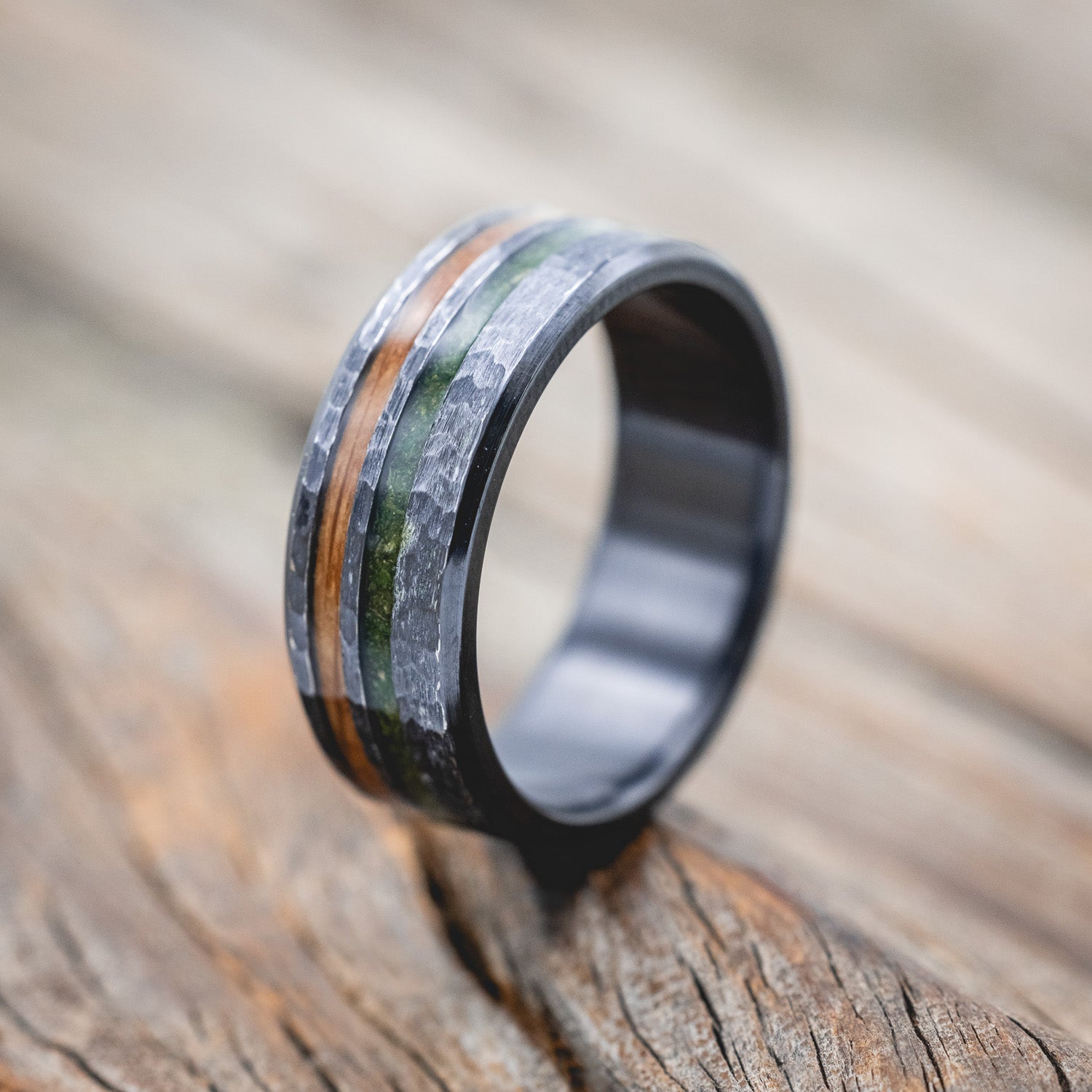 "COSMO" - WHISKEY BARREL OAK & MOSS WEDDING RING FEATURING A HAMMERED FINISH-Staghead Designs