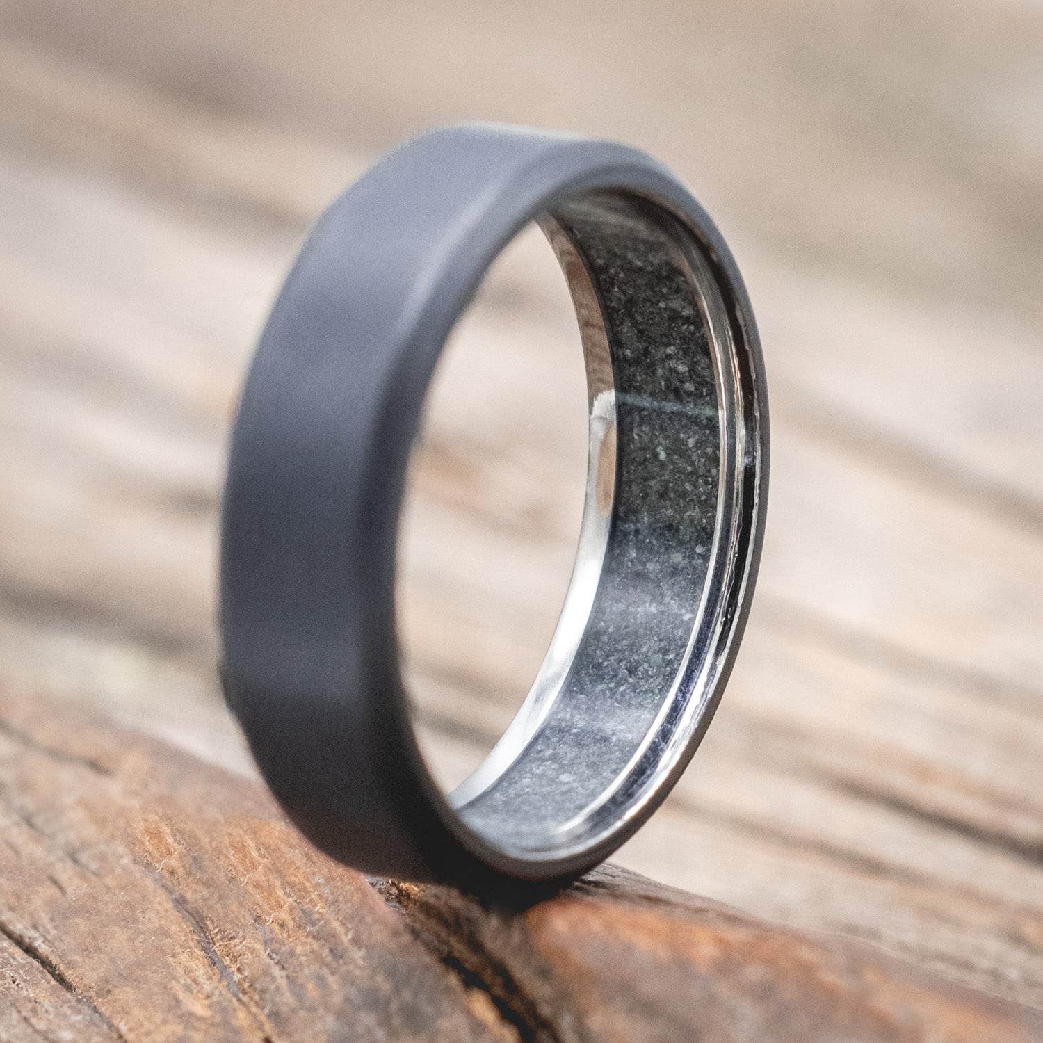 CRUSHED MOSS AGATE LINED WEDDING BAND WITH A SANDBLASTED FINISH-Staghead Designs