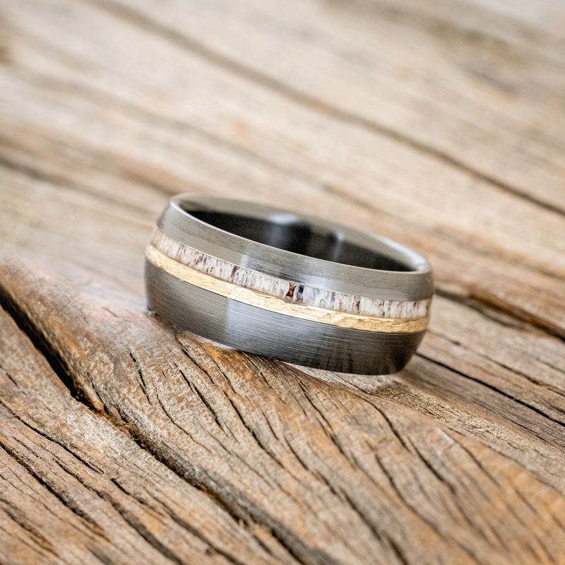 "CASTOR" - DOMED ANLTER & HAMMERED 14K GOLD INLAY WEDDING RING FEATURING A BRUSHED BLACK ZIRCONIUM BAND