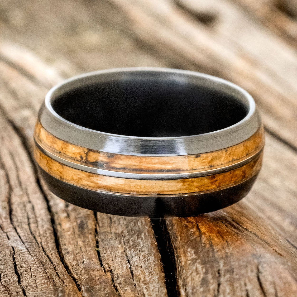 "Cosmo" - Domed Whiskey Barrel Oak Wedding Ring-Staghead Designs