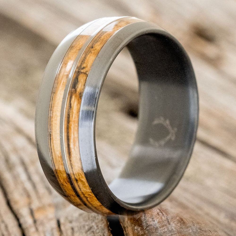 "Cosmo" - Domed Whiskey Barrel Oak Wedding Ring-Staghead Designs