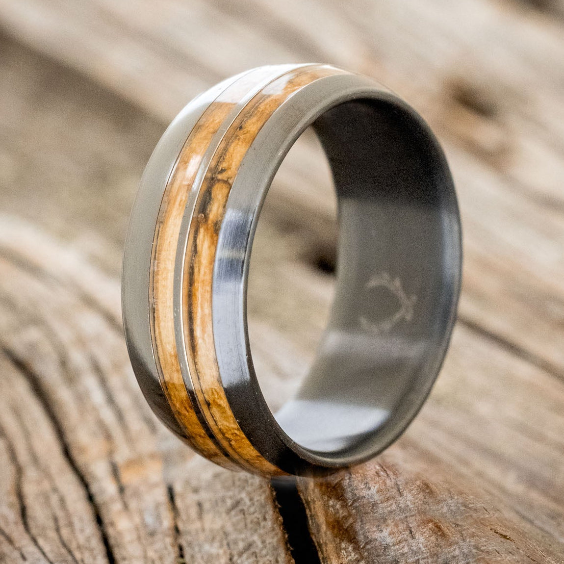 "Cosmo" - Domed Whiskey Barrel Oak Wedding Ring-Staghead Designs