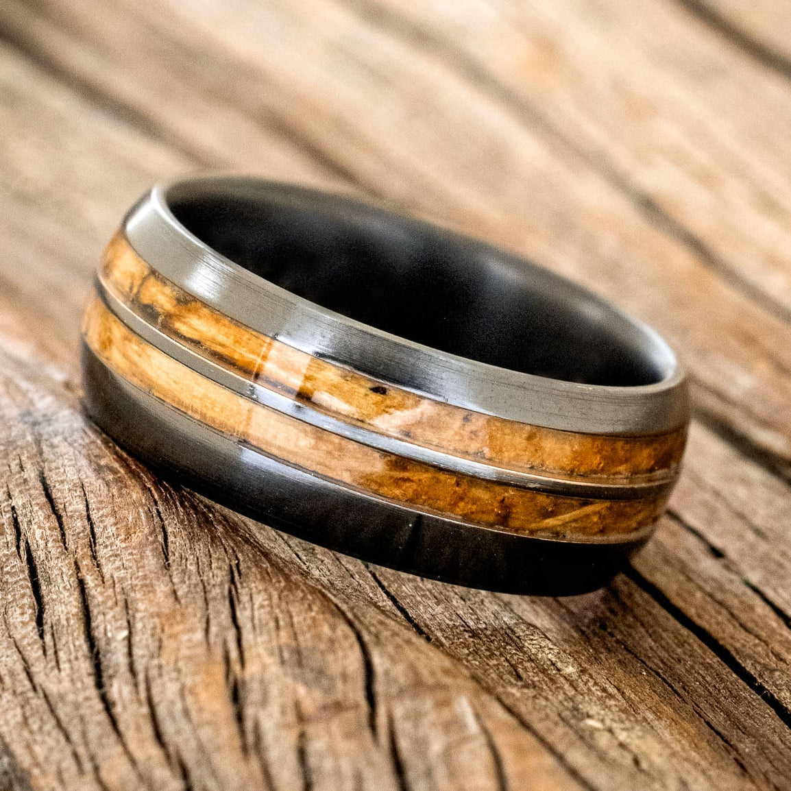 "Cosmo" - Domed Whiskey Barrel Oak Wedding Ring-Staghead Designs
