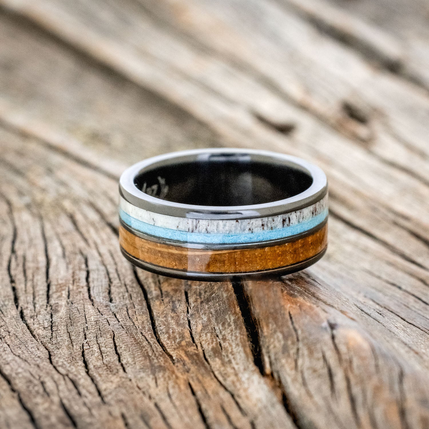 "DYAD" - WHISKEY BARREL, ANTLER, & TURQUOISE WEDDING BAND-6
