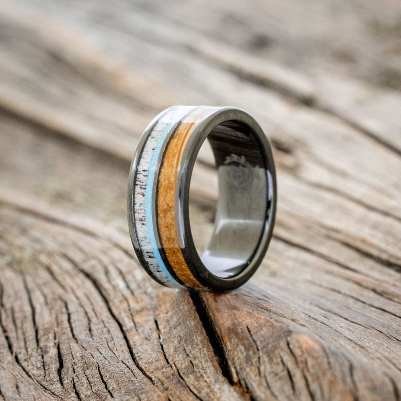 "DYAD" - WHISKEY BARREL, ANTLER & TURQUOISE WEDDING BAND - READY TO SHIP-4