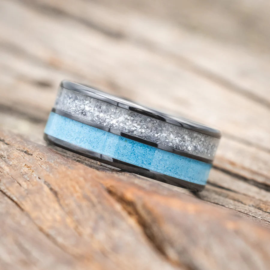 "DYAD" - DIAMOND DUST & TURQUOISE WEDDING RING - BLACK ZIRCONIUM - SIZE 7-Staghead Designs