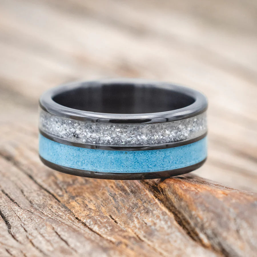 "DYAD" - DIAMOND DUST & TURQUOISE WEDDING RING - BLACK ZIRCONIUM - SIZE 7-Staghead Designs