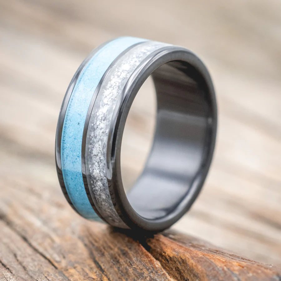 "DYAD" - DIAMOND DUST & TURQUOISE WEDDING RING - BLACK ZIRCONIUM - SIZE 7-Staghead Designs