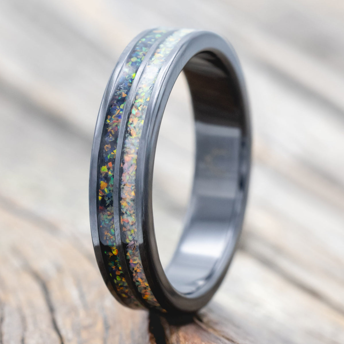"DYAD" - FIRE AND ICE OPAL & BLACK FIRE OPAL WEDDING BAND-Staghead Designs