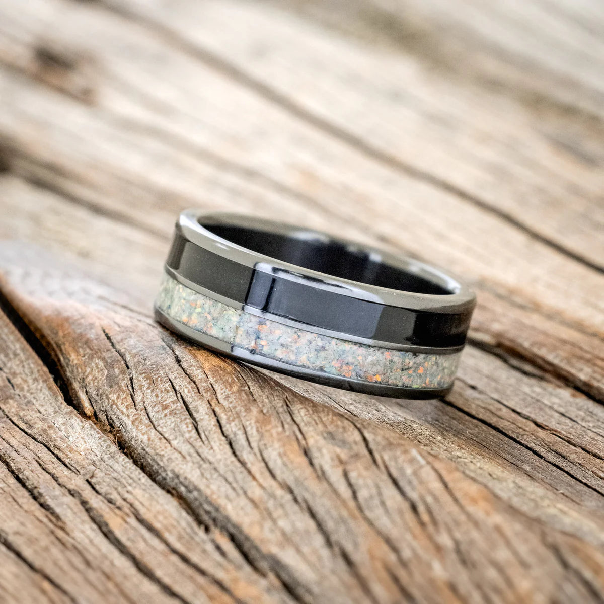 "Dyad" - Fire & Ice Opal and Jet Stone Wedding Band - Black Zirconium (8mm) - Size 8 1/2