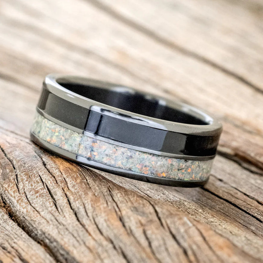 "Dyad" - Fire & Ice Opal and Jet Stone Wedding Band - Black Zirconium (8mm) - Size 8 1/2-Staghead Designs