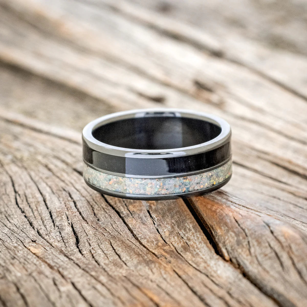 "Dyad" - Fire & Ice Opal and Jet Stone Wedding Band - Black Zirconium (8mm) - Size 8 1/2