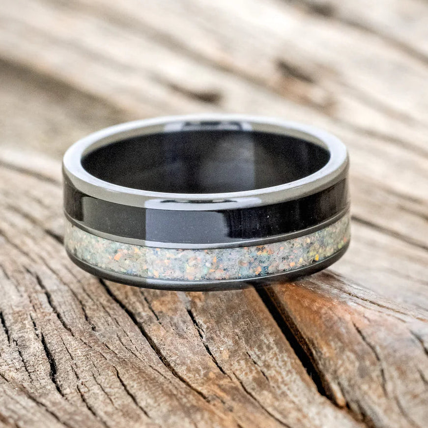 "Dyad" - Fire & Ice Opal and Jet Stone Wedding Band - Black Zirconium (8mm) - Size 8 1/2-Staghead Designs