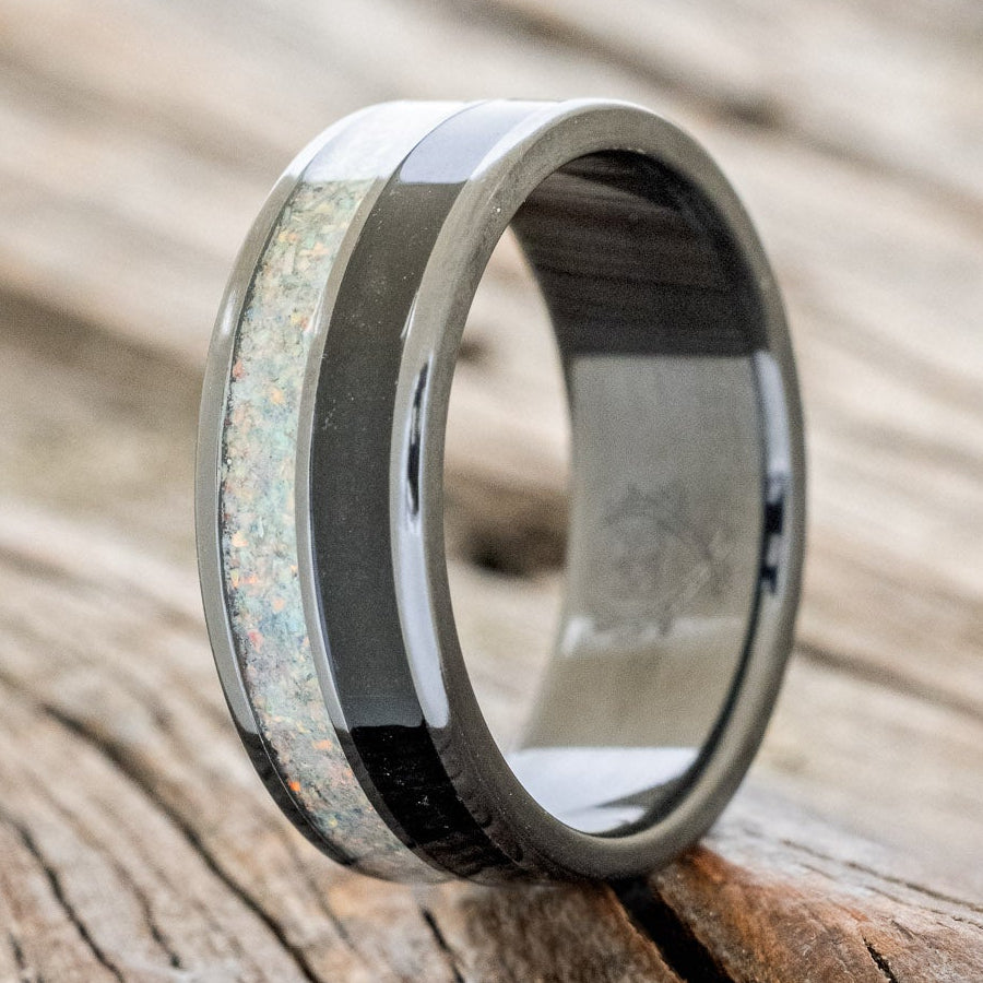 "DYAD" - FIRE AND ICE OPAL & JET STONE WEDDING BAND - READY TO SHIP-4