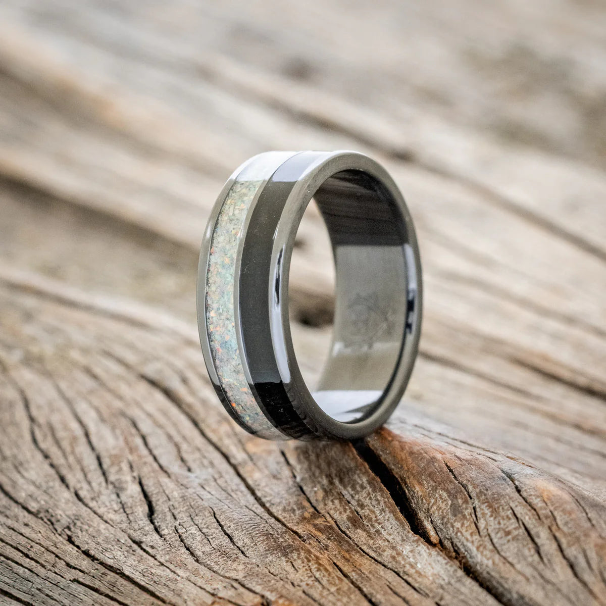 "Dyad" - Fire & Ice Opal and Jet Stone Wedding Band - Black Zirconium (8mm) - Size 8 1/2