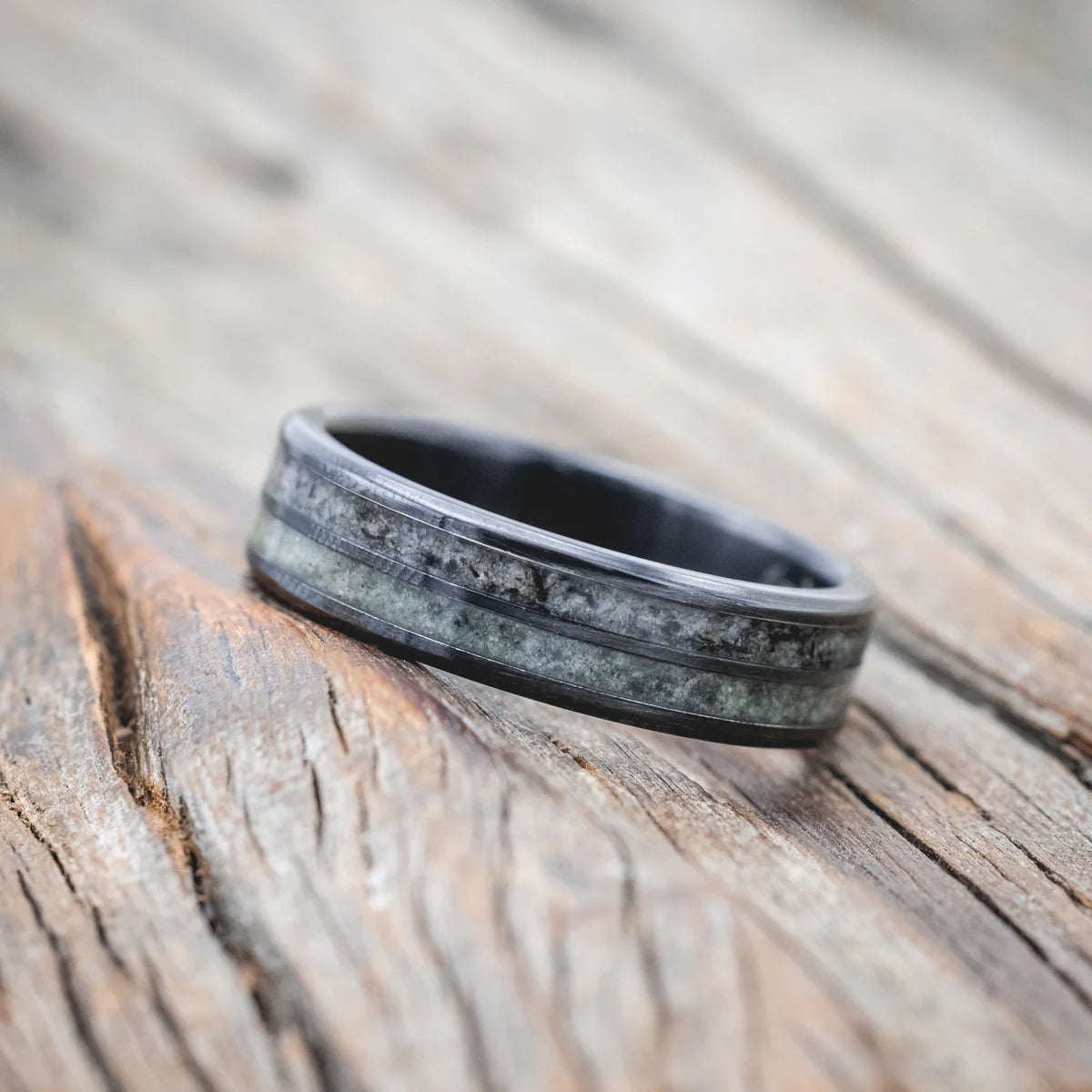 "DYAD" - MOSS AGATE & MOONSTONE WEDDING BAND - BLACK ZIRCONIUM (6MM) - SIZE 7 3/4-Staghead Designs