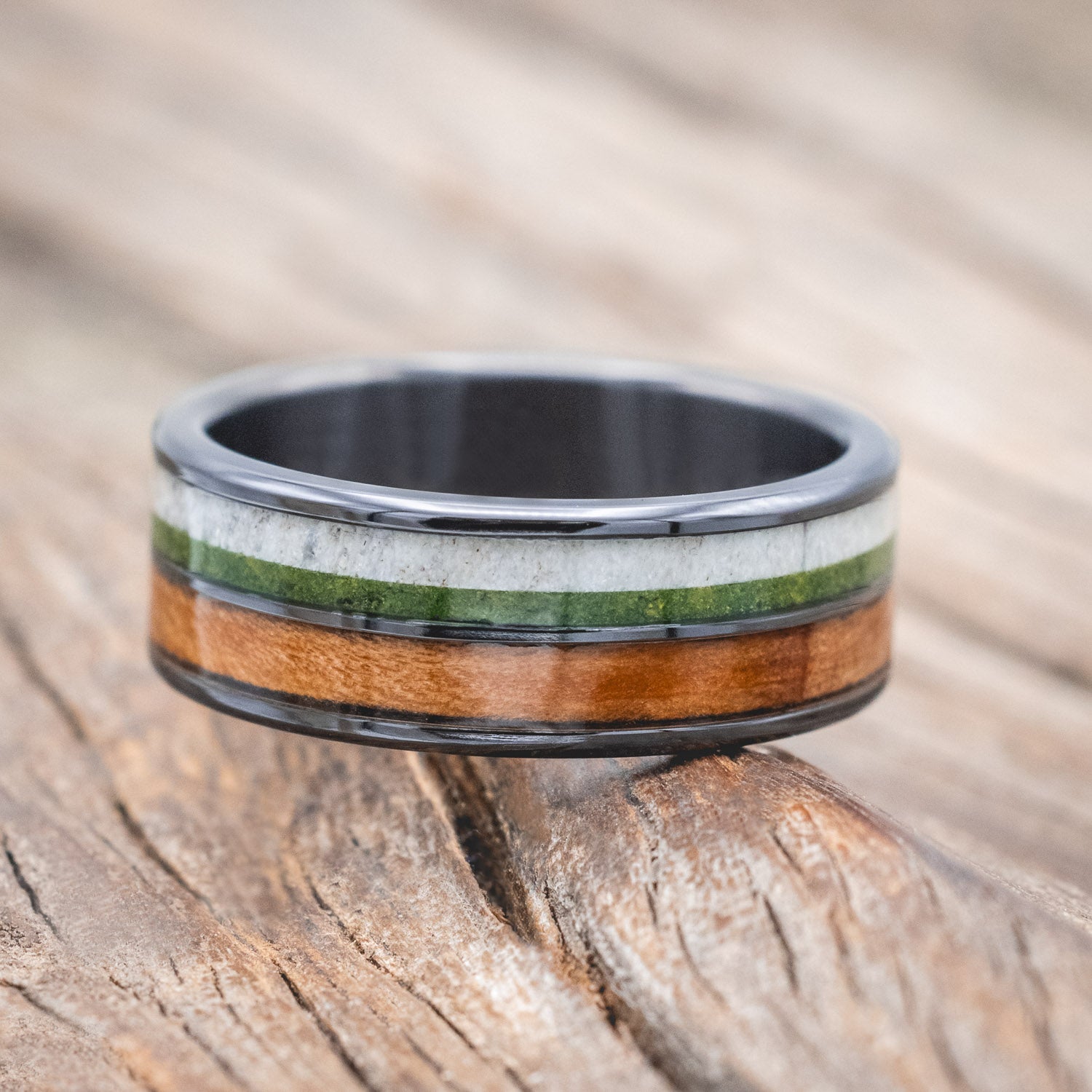 "DYAD" - REDWOOD, ANTLER & MOSS WEDDING BAND-Staghead Designs