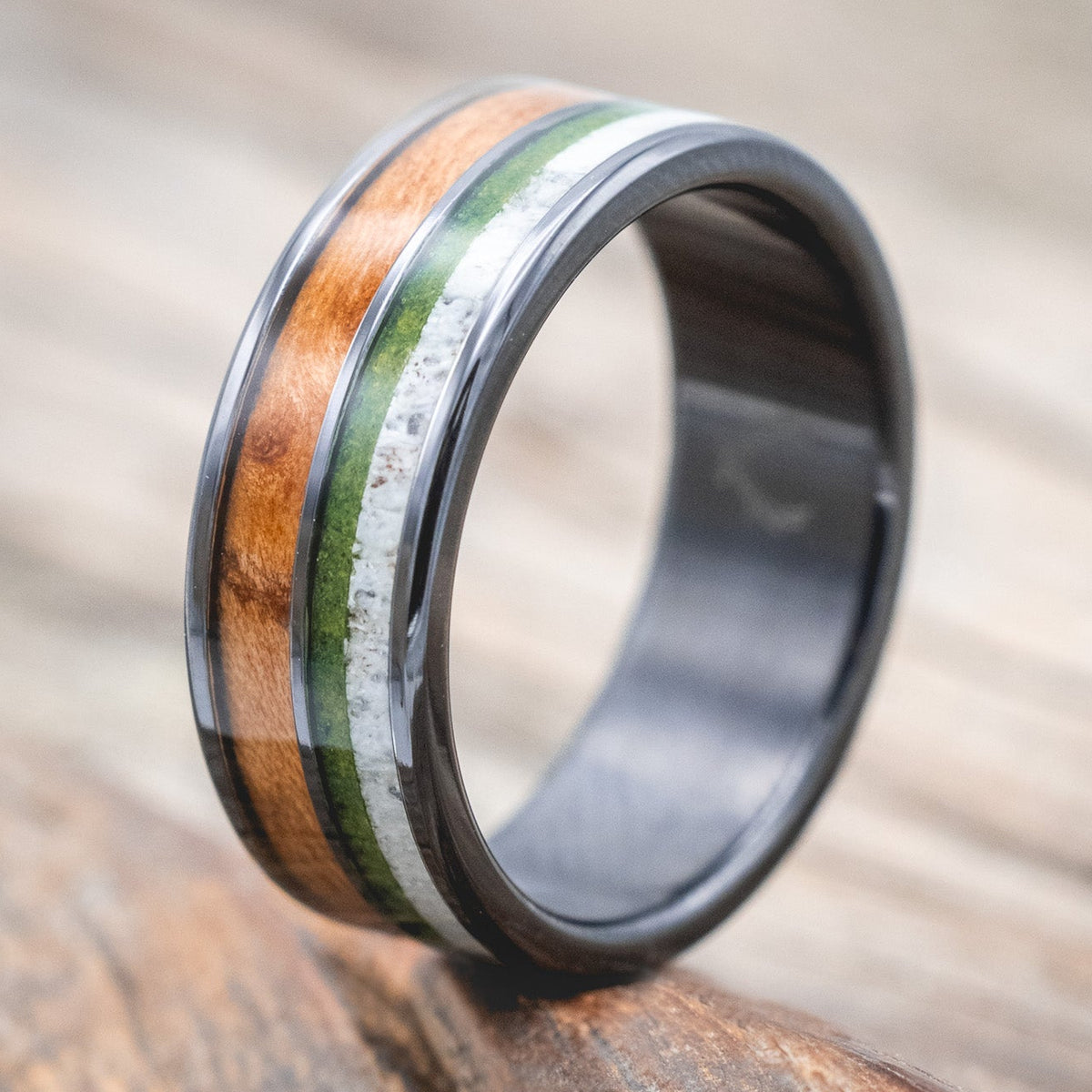 "DYAD" - REDWOOD, ANTLER & MOSS WEDDING BAND-Staghead Designs
