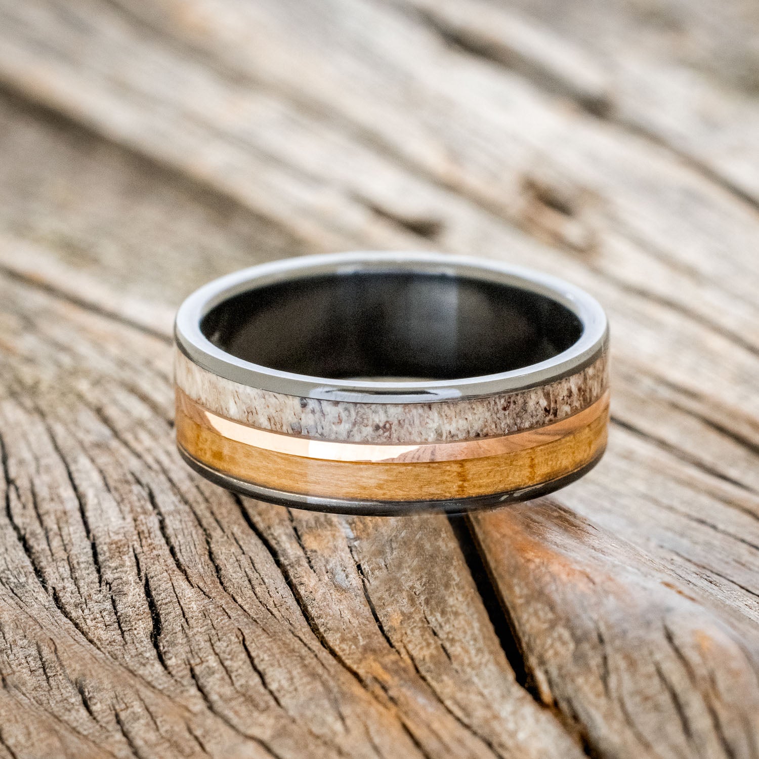 "DYAD" - WHISKEY BARREL OAK, ANTLER & 14K GOLD INLAY WEDDING BAND-6