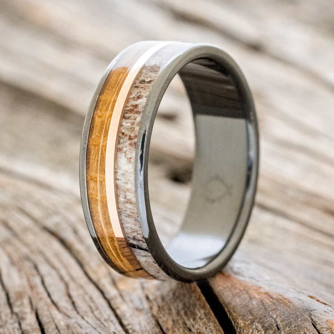 "DYAD" - WHISKEY BARREL OAK, ANTLER & 14K GOLD INLAY WEDDING BAND-4