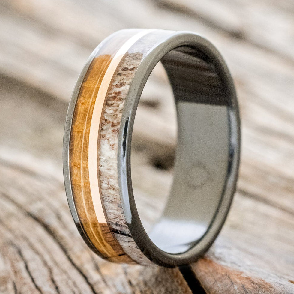"DYAD" - WHISKEY BARREL OAK, ANTLER & 14K GOLD INLAY WEDDING BAND-4
