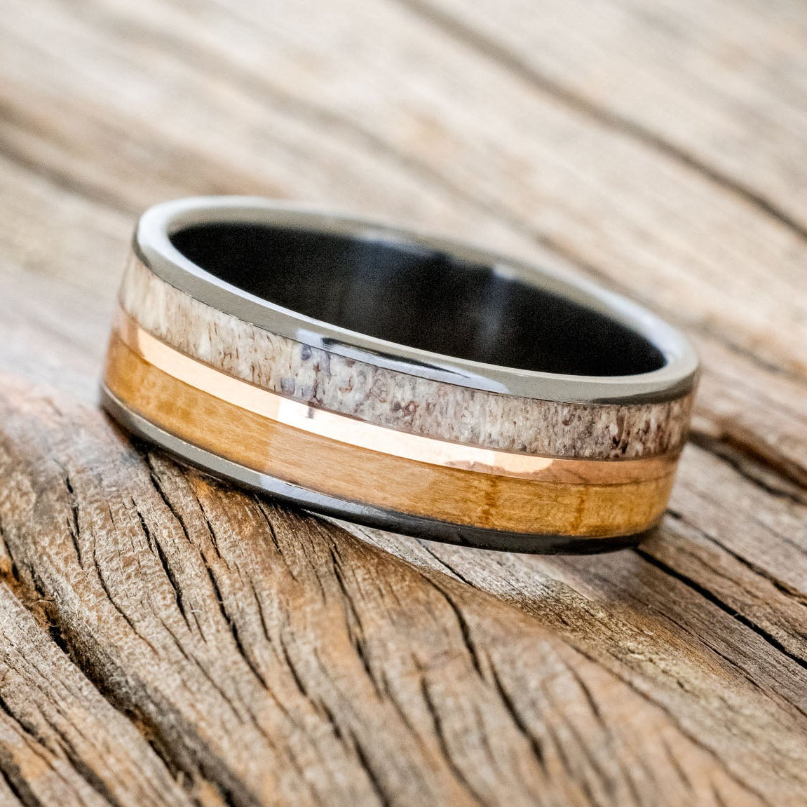 "DYAD" - WHISKEY BARREL OAK, ANTLER & 14K GOLD INLAY WEDDING BAND-5