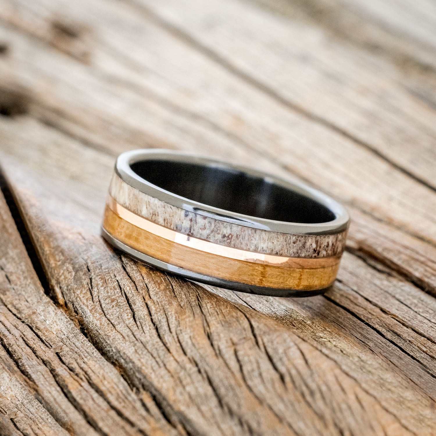 "DYAD" - WHISKEY BARREL OAK, ANTLER & 14K GOLD INLAY WEDDING BAND-5